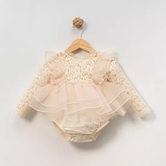 Alora Uzun Kollu Dantelli Kız Bebek Romper